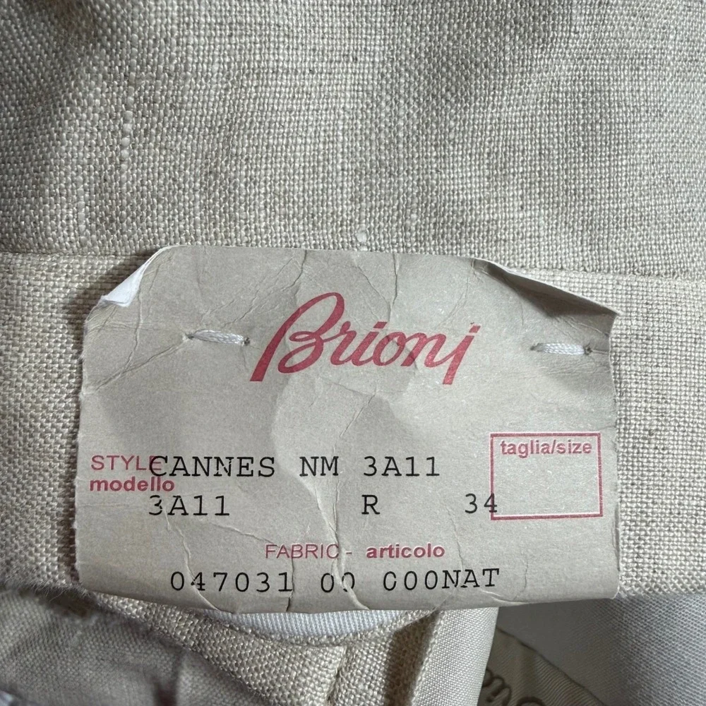 Brioni Cannes 100% Linen Pants Trousers Mens 34 Unhemmed Beige Made in Italy NWT